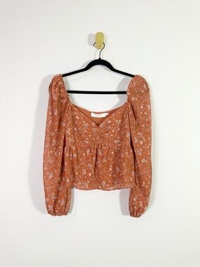 ASTR The Label Orange Rust Multi Floral Long Sleeve Sweetheart Crop Top